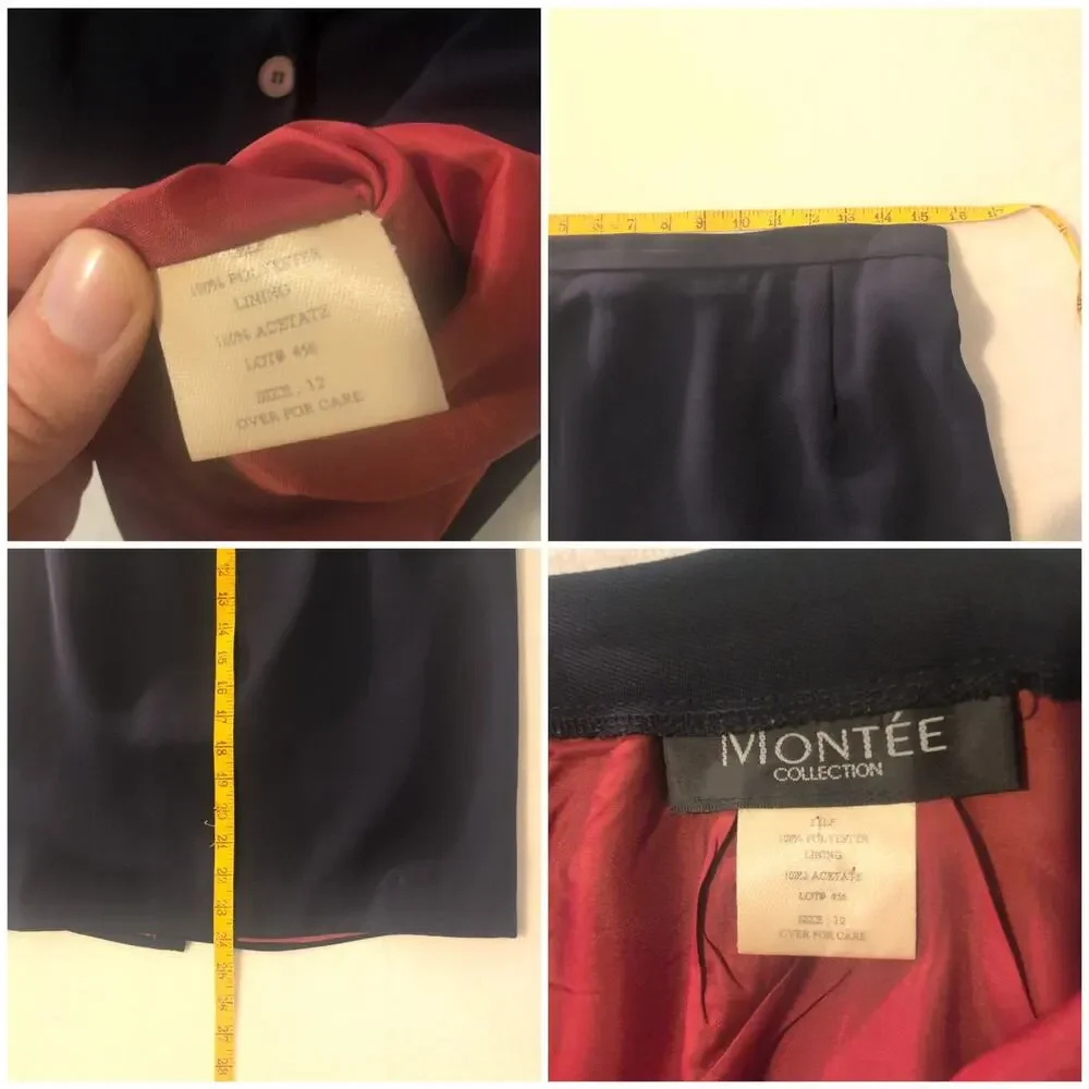Vintage Montee Collection 3 Button Navy Skirt Suit Blazer Women's 12 (Fits 10)